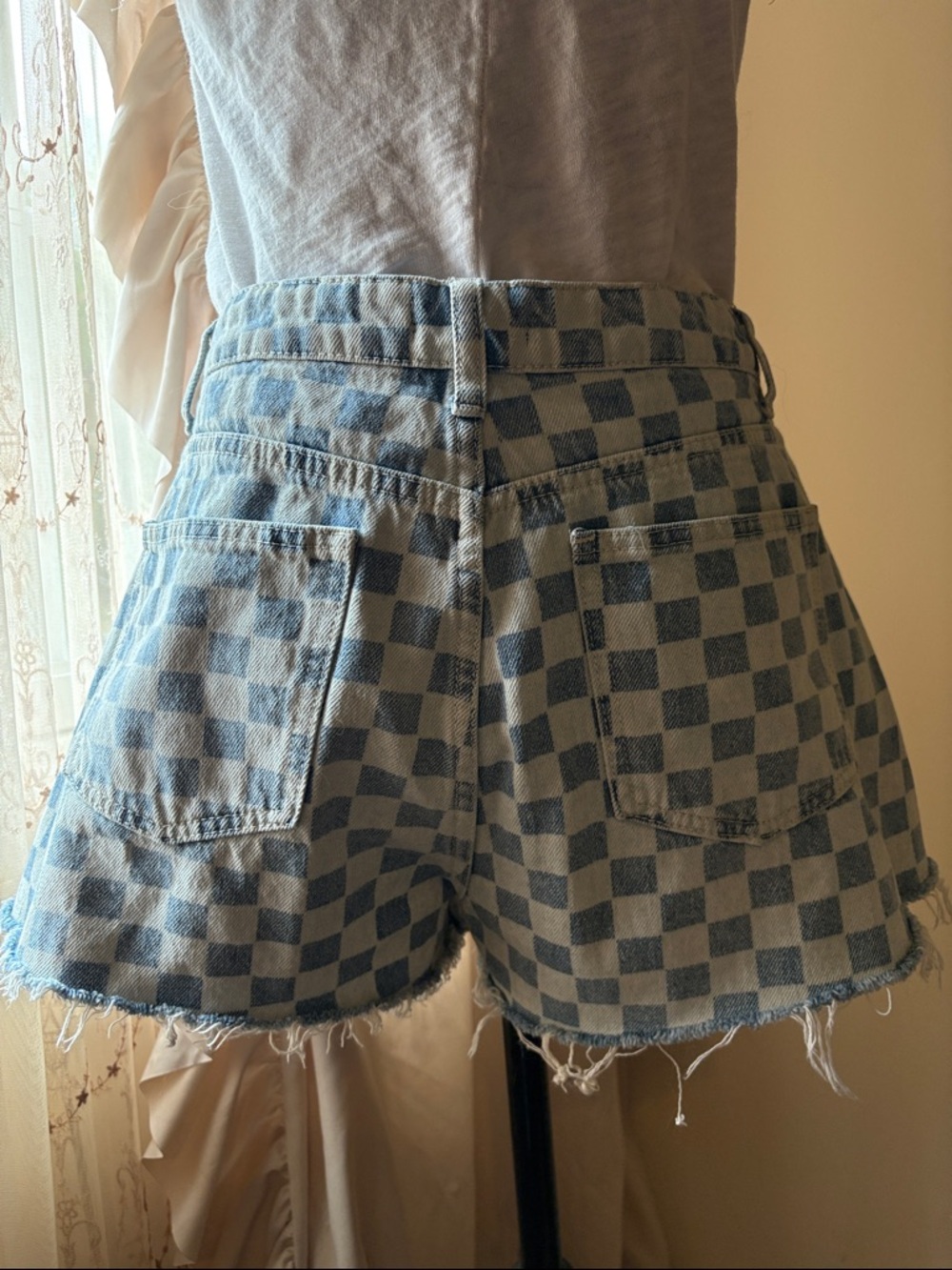 Aqua Light Blue and Cream Checkered Denim Shorts - Picture 2 of 2
